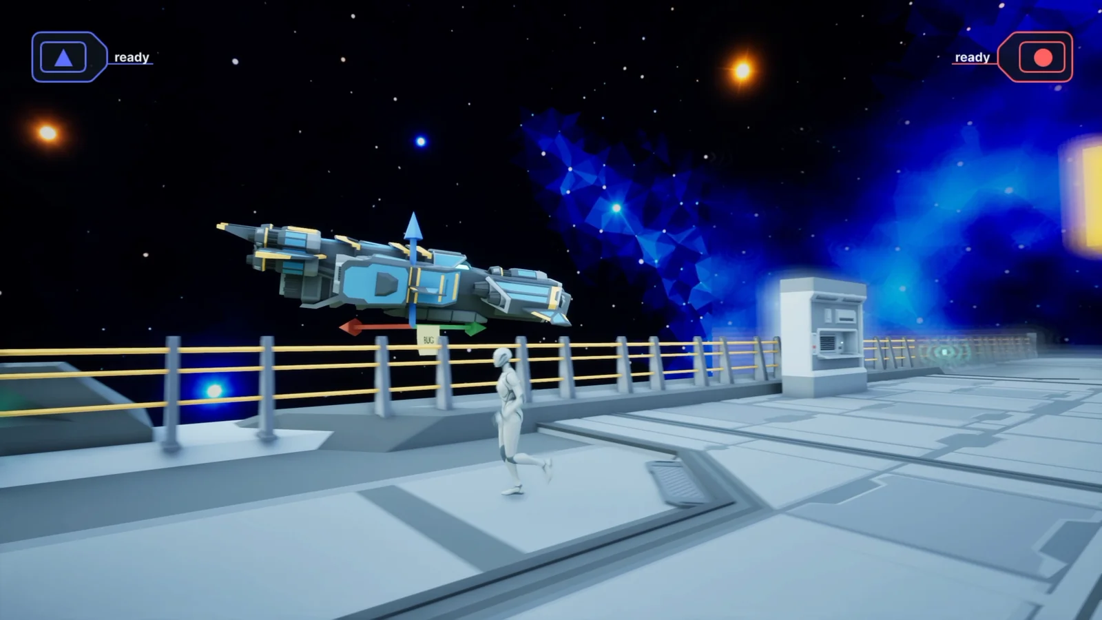 Placeholder avatar on a space-themed testing walkway, with separate readiness indicators for both players.